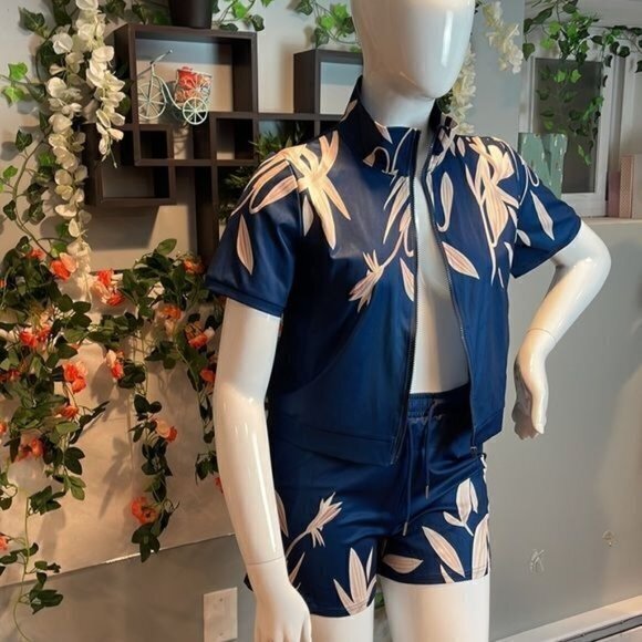 Plant-Print‎ Zip-Front Top And Drawstring Shorts Set Large RefI016 - Picture 4 of 11
